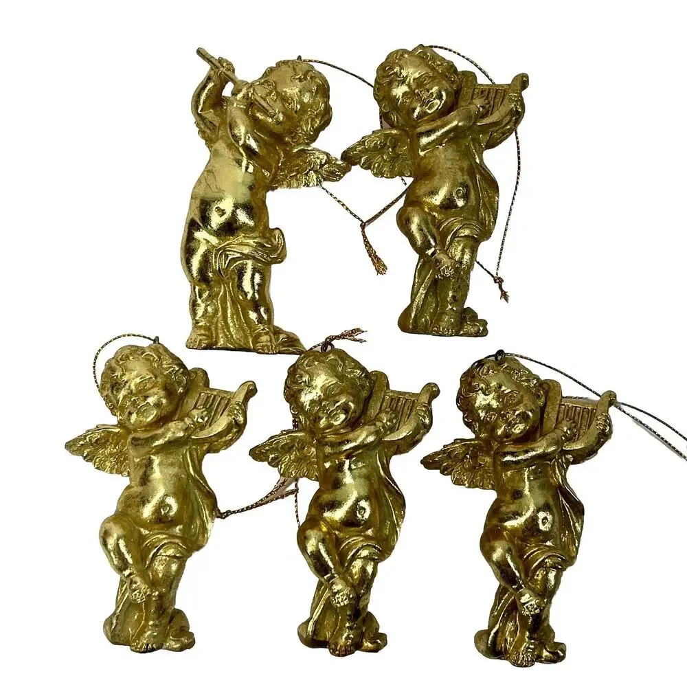 Cherub Angel Gold Resin Ornament Figure Harp Lute Flute Christmas 4” Lot Of 5
